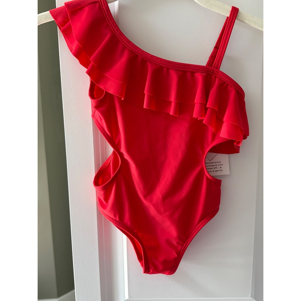 Toddler Girls Red One Shoulder Ruffle Cut Out One Piece Swimsuit Size 3T NWT - Picture 2 of 3
